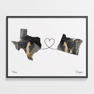 Texas to Oregon Druck, Erinnerungsgeschenk, Marmor Zwei Länder Karte Poster, Reisekunst, Länder Herz, C22-1284