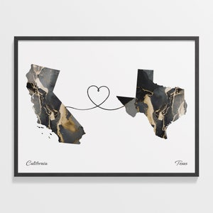 California to Texas Print, Texan Gift, Marble Two Countries Map Poster, Travel Art, Digital Nomad, C22-1239