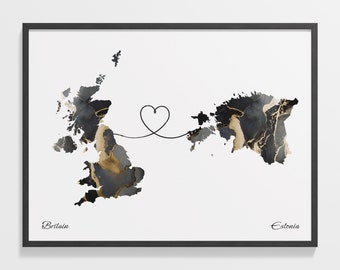 Britain to Estonia Print, Estonian Gift, Marble Two Countries Map Poster, UK Wall Art, Welcome Home Gift, C22-256