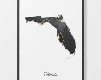 Florida Map Art Print: Black and Gold Metallic Painting