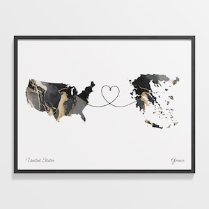 Connection Map Print, Marble Two-Country Design with Custom Labels