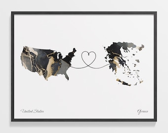 Connection Map Print, Marble Two-Country Design with Custom Labels