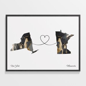 New York nach Minnesota Druck, Minnesotaner Geschenk, Marmor zwei Länder Karte Poster, Reisekunst, Expatriate, C22-1374