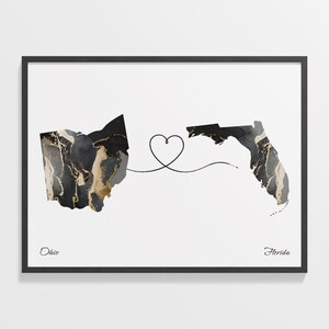 Ohio to Florida Print, Floridian Geschenk, Marmor Zwei Länder Karte Poster, Reisekunst, Expat Geschenk, C22-1516