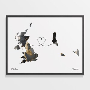 Britain to Comoros Print, Comorian Gift, Marble Two Countries Map Poster, UK Wall Art, Goodbye Map, C22-239