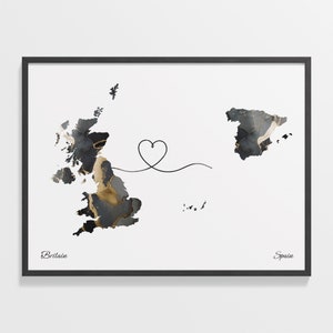 Impresión de Gran Bretaña a España, Regalo español, Cartel de mapa de dos países de mármol, Arte de pared del Reino Unido, Larga distancia, C22-369