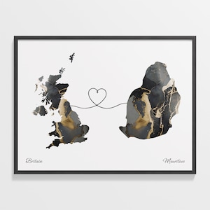 Großbritannien nach Mauritius Druck, mauritische Geschenk, Marmor zwei Länder Karte Poster, UK Wandkunst, Reisekarte, C22-317