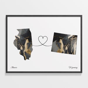 Illinois to Wyoming Print, Wyomingite Gift, Marble Two Countries Map Poster, Travel Art, Emigration, C22-1506