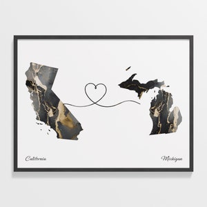 California to Michigan Print, Michigander Gift, Marble Two Countries Map Poster, Travel Art, Relationship Map, C22-1217