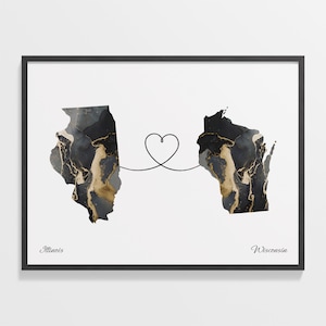 Illinois to Wisconsin Print, Wisconsinite Gift, Marble Two Countries Map Poster, Travel Art, Travel Gift, C22-1504