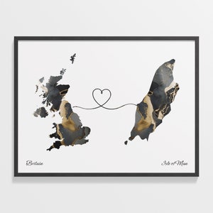 Britain to Isle of Man Print, Manx Gift, Marble Two Countries Map Poster, UK Wall Art, Expatriate Gift, C22-286