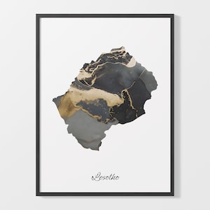 Lesotho Art Print, Basotho Map Poster, Elegant Country Artwork, Black and Gold LS Painting, Premium map print, C25-103