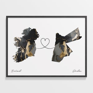 Irland Jordanien Druck, Jersey Geschenk, Marmor zwei Länder Karte Poster, Reisekunst, Länder Herz Geschenk, C22-1087
