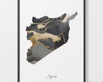 Syria Map Art Print: Black and Gold Elegant Country Artwork