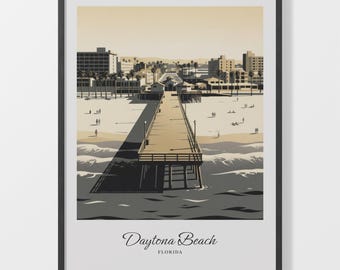 Daytona Beach Poster, Beige and Black Pier Scene, 200 gsm Matte Paper