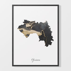 Guinea Art Print, Guinean Map Poster, Elegant Country Artwork, Black and Gold GN Painting, Exclusive map art, C25-74