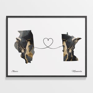 Illinois to Minnesota Print, Minnesotan Gift, Marble Two Countries Map Poster, Travel Art, Global Love Map, C22-1478