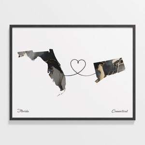 Florida naar Connecticut print, Connecticuter cadeau, marmer twee landen kaart poster, reiskunst, reizen, C22-1305