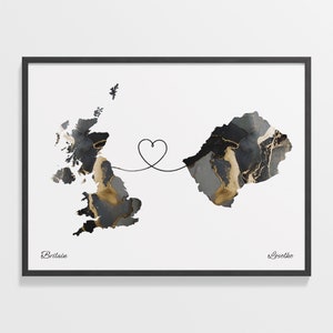 Britain to Lesotho Print, Basotho Gift, Marble Two Countries Map Poster, UK Wall Art, Overseas Love Map, C22-302