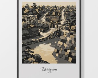 Japanese Art Print, Ushigome Beige And Black Landscape Poster