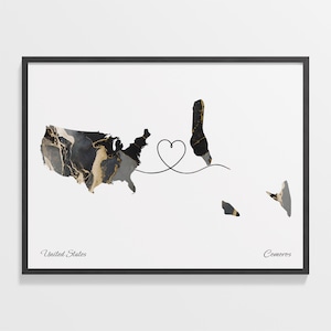 USA to Comoros Print, Comorian Gift, Marble Two Countries Map Poster, US Wall Art, Goodbye Gift, C22-40