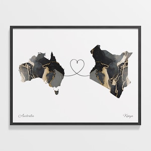 Australien Kenia Druck, Kasachstan Geschenk, Marmor Zwei Länder Karte Poster, Reisekunst, Länder Herzkarte, C22-890
