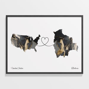 USA to Bolivia Print, Bolivien Geschenk, Marmor zwei Länder Karte Poster, US Wandkunst, Auswanderungsgeschenk, C22-22