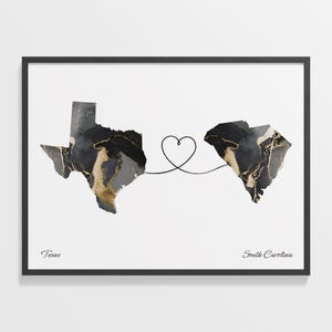 Couples Map Art, Texas And South Carolina Heart Connection