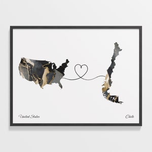 USA to Chile Print, Chilean Gift, Marble Two Countries Map Poster, US Wall Art, Study Abroad Gift, C22-37
