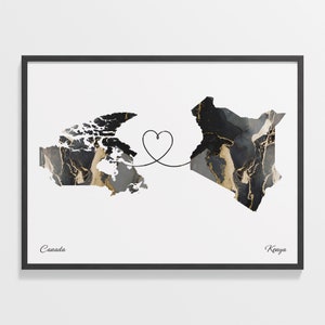 Kanada Kenia Print, Kasachstani Geschenk, Marmor Zwei Länder Karte Poster, Reisekunst, Länder Herz Geschenk, C22-691