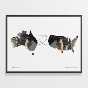 Australien USA Druck, Britisches Geschenk, Marmor Zwei Länder Karte Poster, Reisekunst, randlose Liebeskarte, C22-986