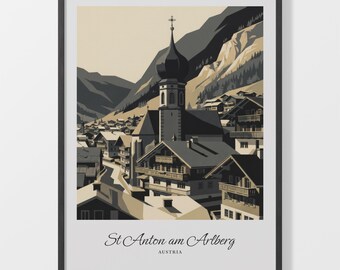 Alpine Travel Poster, St Anton Village in Beige and Black