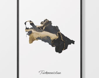 Turkmenistan Map Art Print: Black and Gold Country Artwork