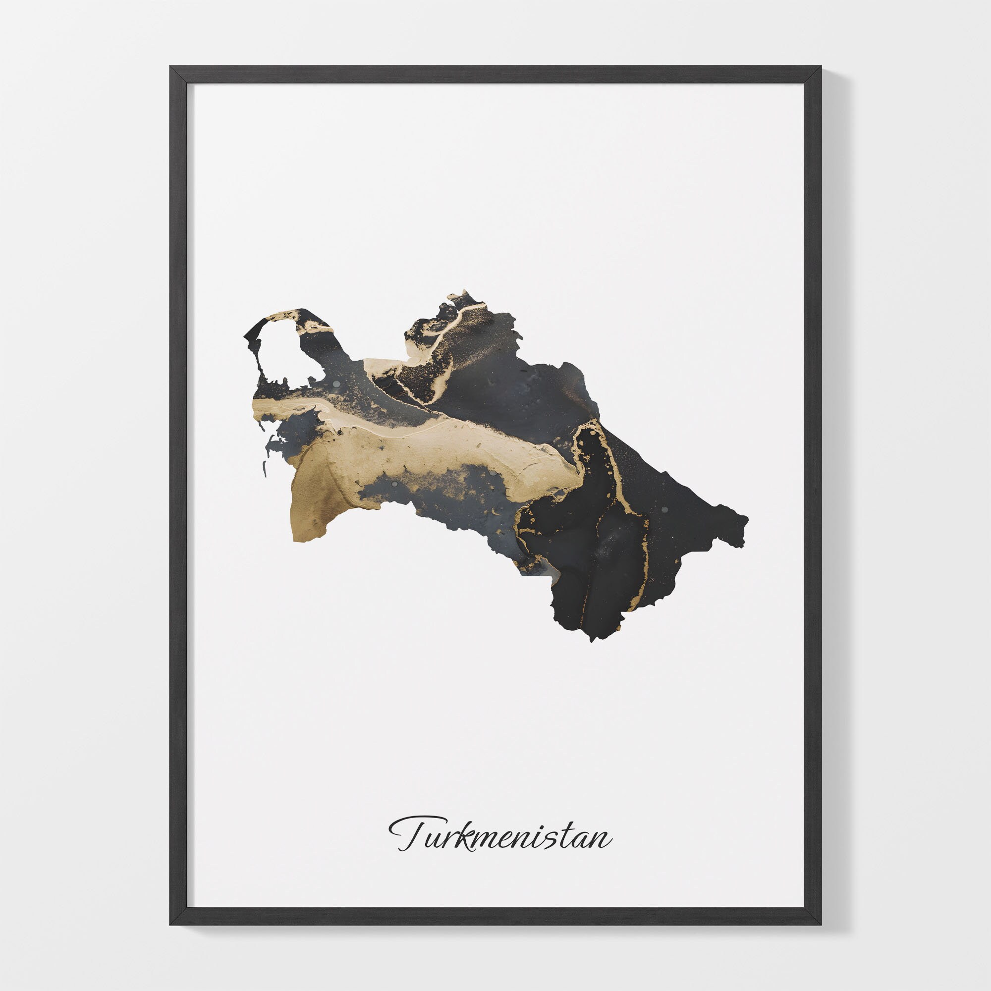Turkmenistan Art Print, Turkmen Map Poster, Elegant Country Artwork, Black and Gold TM Painting, Chic wall print, C25-186