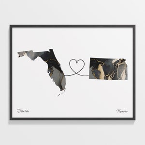 Print Florida naar Kansas, Kansas cadeau, marmer twee landen kaart poster, reiskunst, relatiegeschenk, C22-1315
