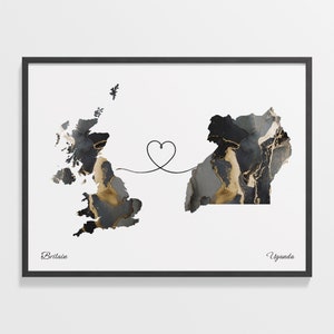 Impresión de Gran Bretaña a Uganda, regalo ugandés, póster de mármol con mapa de dos países, arte mural del Reino Unido, mapa de expatriados, C22-386