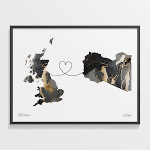 Großbritannien nach Libyen Druck, Libysche Geschenk, Marmor zwei Länder Karte Poster, UK Wandkunst, Far Apart Geschenk, C22-304