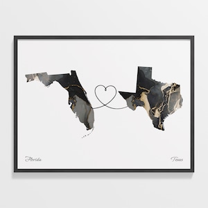 Print Florida naar Texas, Texaans cadeau, marmeren kaartposter twee landen, reiskunst, kaart culturele wortels, C22-1343