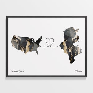 USA to Tunisia Print, Tunisian Gift, Marble Two Countries Map Poster, US Wall Art, Home Abroad Gift, C22-184