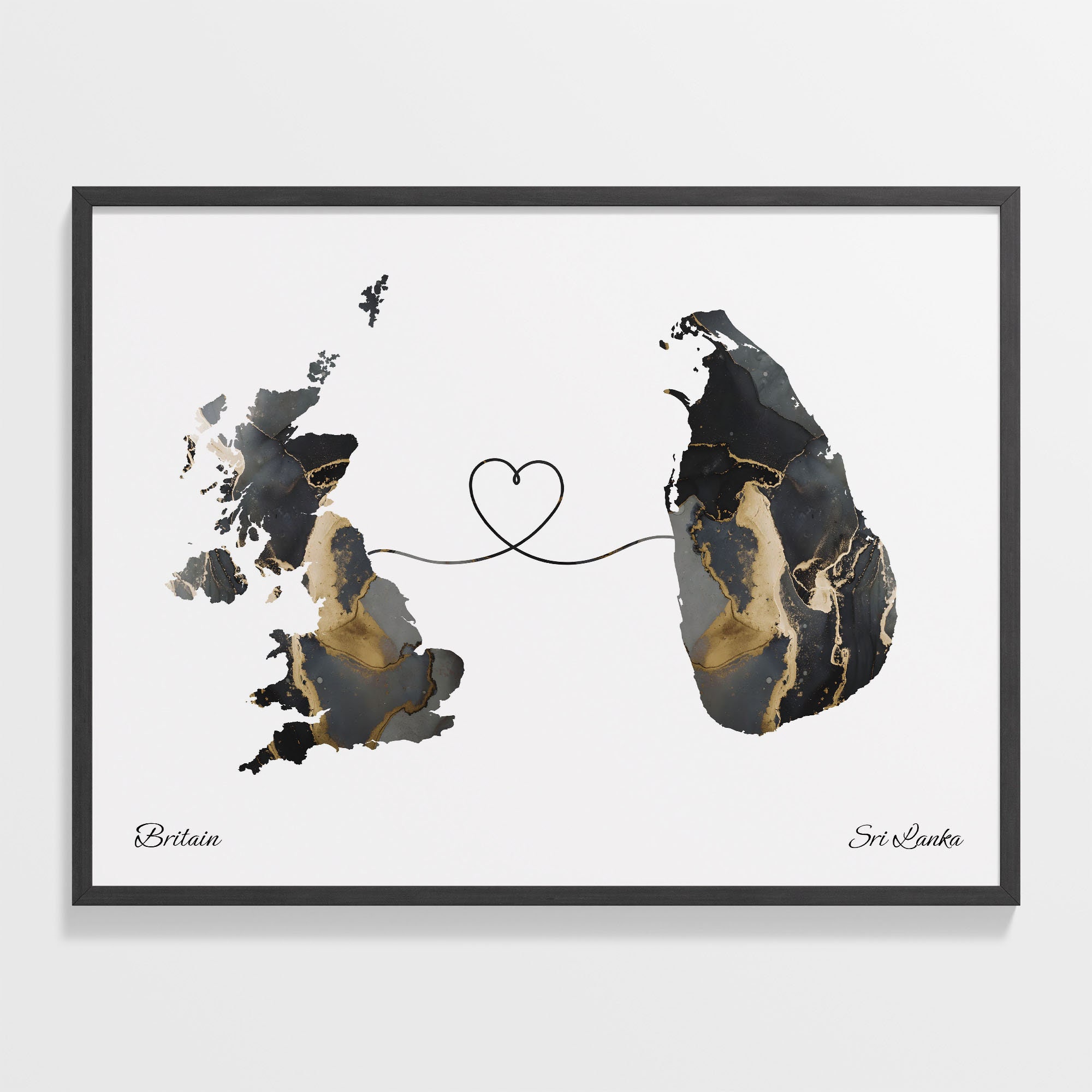 Britain to Sri Lanka Print, Sri Lankan Gift, Marble Two Countries Map Poster, UK Wall Art, Long Distance Gift, C22-370