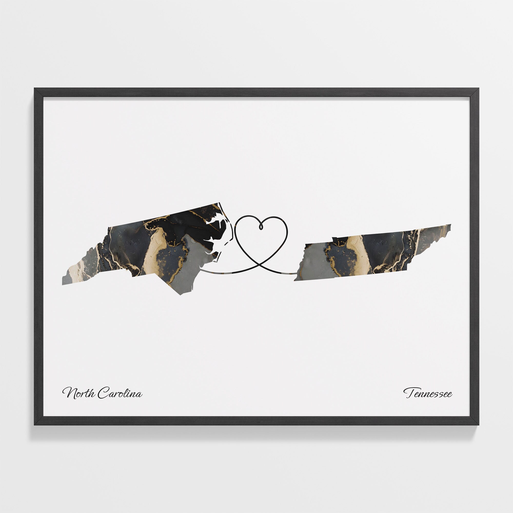 North Carolina to Tennessee Print, Tennessean Gift, Marble Two Countries Map Poster, Travel Art, Moving Abroad Gift, C22-1654