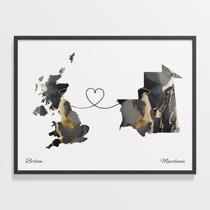 Britain to Mauritania Print, Mauritanian Gift, Marble Two Countries Map Poster, UK Wall Art, Travel Gift, C22-316