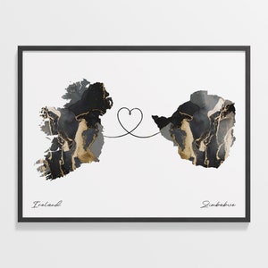 Irland nach Simbabwe Druck, Simbabwe Geschenk, Marmor zwei Länder Karte Poster, Reisekunst, Far Apart, C22-1194