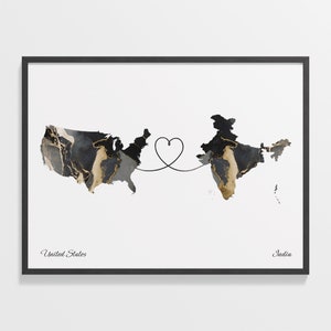 USA to India Print, Indisches Geschenk, Marmor zwei Länder Karte Poster, US Wandkunst, Umzugsgeschenk, C22-82