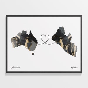 Australia to Liberia Print, Basotho Gift, Marble Two Countries Map Poster, Travel Art, Far Apart Map, C22-899