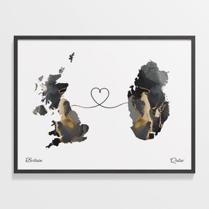 Großbritannien zu Katar Druck, Katar Geschenk, Marmor Zwei Länder Karte Poster, UK Wandkunst, Digitaler Nomade, C22-348
