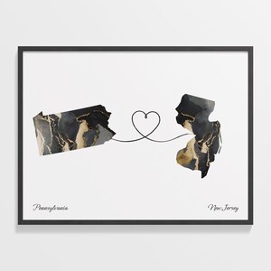 Print Pennsylvania naar New Jersey, cadeau New Jersey, marmer twee landen kaart poster, reiskunst, vrijwilliger, C22-1434