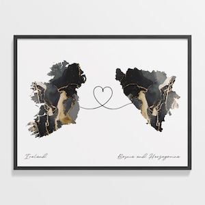 Von Irland nach Bosnien und Herzegowina Druck, Bosnische Geschenk, Marmor Zwei Länder Karte Poster, Reisekunst, Beziehungsgeschenk, C22-1018