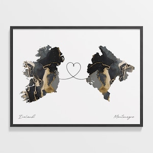 Ireland to Montenegro Print, Mongolian Gift, Marble Two Countries Map Poster, Travel Art, Relationship Map, C22-1118