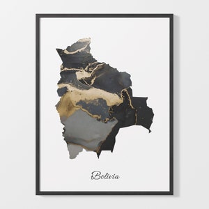 Bolivien Art Print, Bolivien Karte Poster, Elegantes Land Kunstwerk, Schwarz und Gold BO Malerei, Schickes Wandbild, C25-22